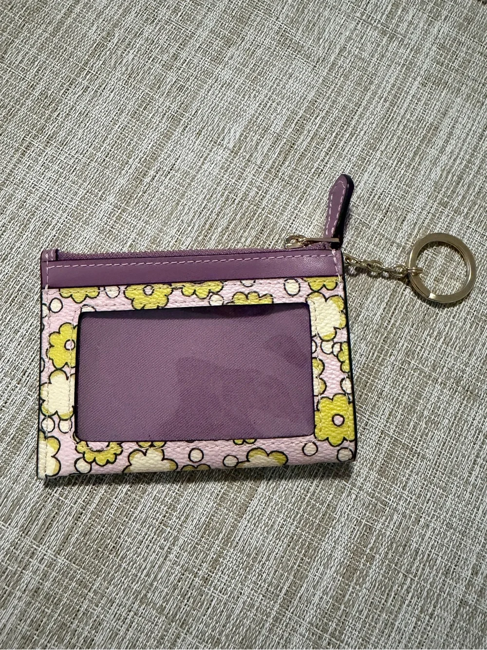 Coach Floral Print Leather Card Case Keychain - Pink & Yellow